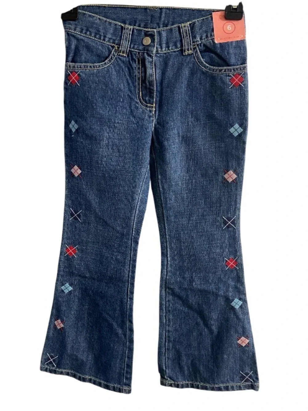 Gymboree Dark Blue Flare Jeans with Red & Light Blue Embroidery Sz 6 NWT